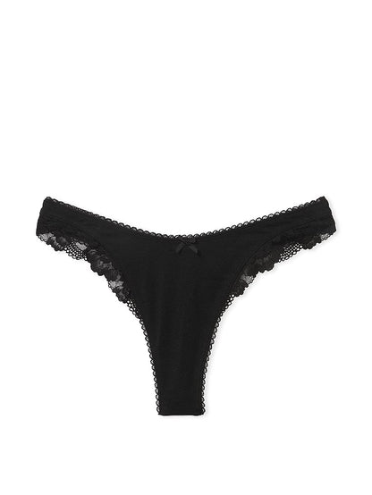 Stretch Cotton Lace-Trim High-Leg Scoop Thong Panty