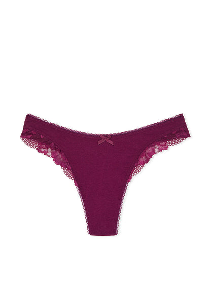 Stretch Cotton Lace-Trim High-Leg Scoop Thong Panty