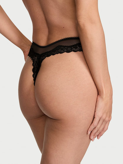 Tease Mesh Lace-Trim High-Leg Thong Panty