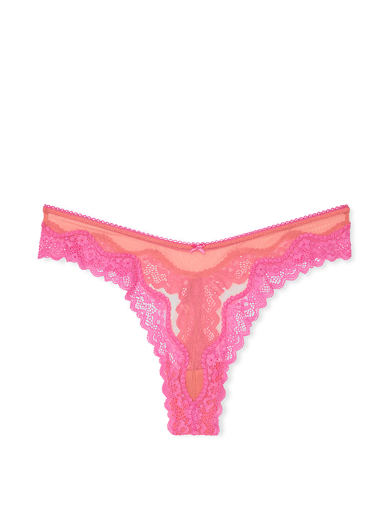 Tease Mesh Lace-Trim High-Leg Thong Panty