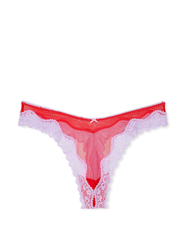 Tease Mesh Lace-Trim High-Leg Thong Panty