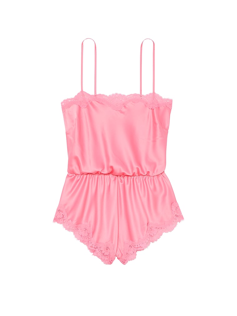 Satin Lace-Trim Romper