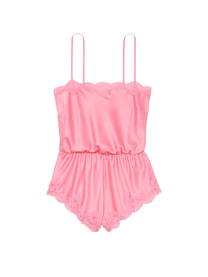 Satin Lace-Trim Romper