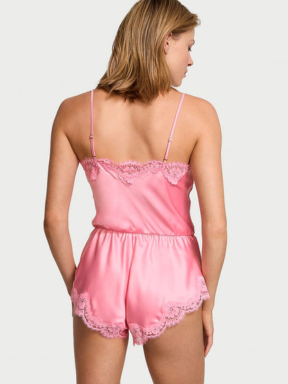 Satin Lace-Trim Romper