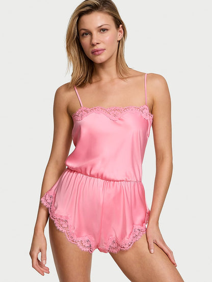 Satin Lace-Trim Romper