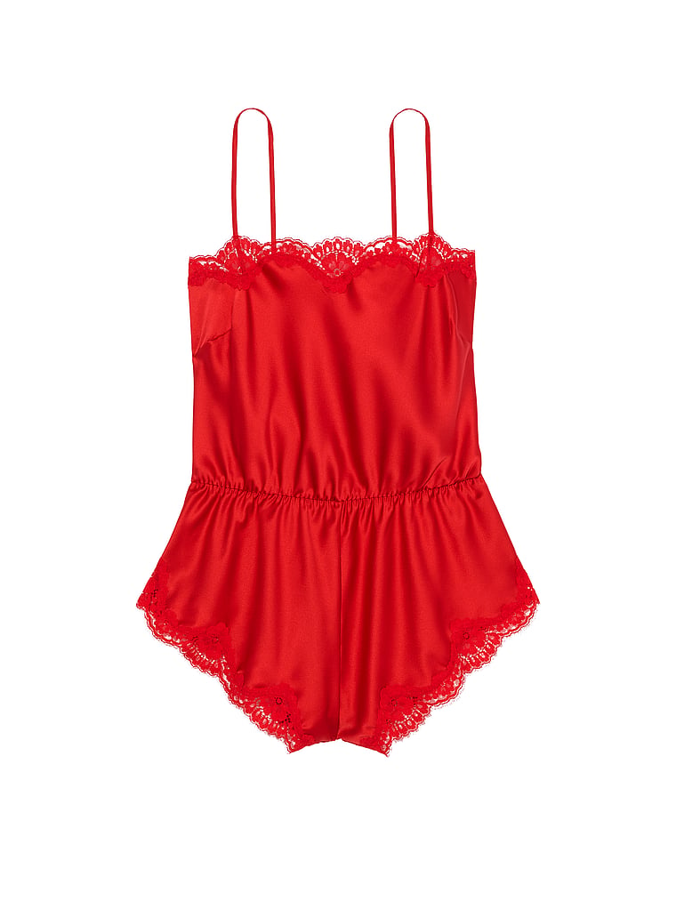 Satin Lace-Trim Romper