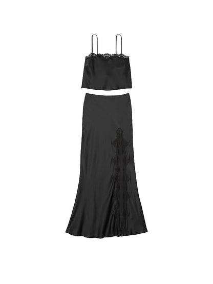 Satin Lace-Trim Cropped Top & Slip Skirt Set