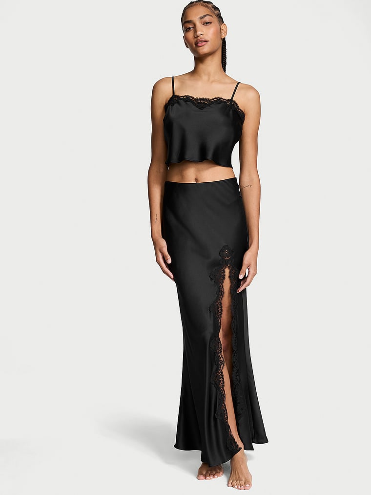 Satin Lace-Trim Cropped Top & Slip Skirt Set