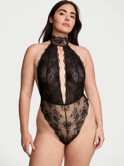 Rose Lace Halter Plunge Crotchless Teddy