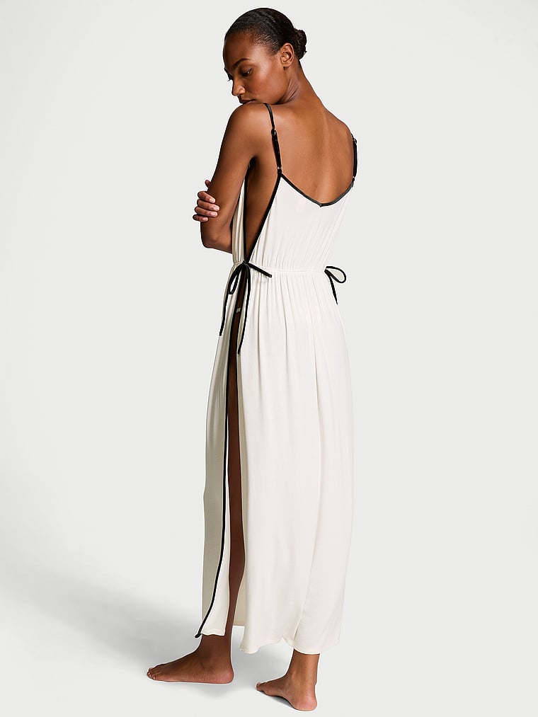 Ribbed Modal Velvet-Trim Long Slip Dress