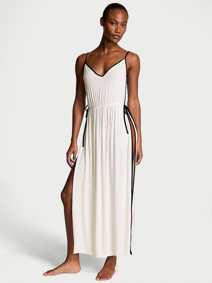 Ribbed Modal Velvet-Trim Long Slip Dress