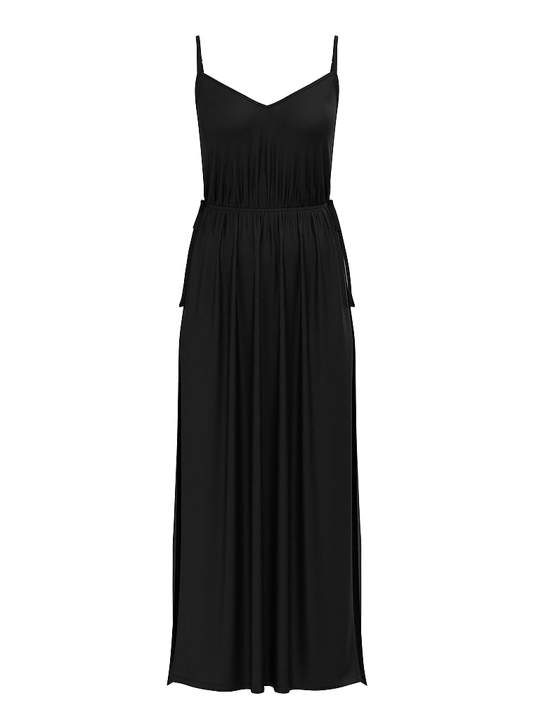 Ribbed Modal Velvet-Trim Long Slip Dress