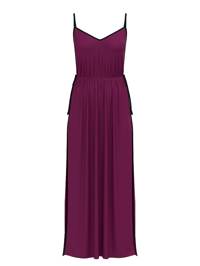 Ribbed Modal Velvet-Trim Long Slip Dress