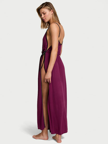 Ribbed Modal Velvet-Trim Long Slip Dress