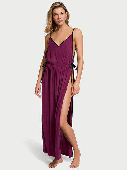 Ribbed Modal Velvet-Trim Long Slip Dress