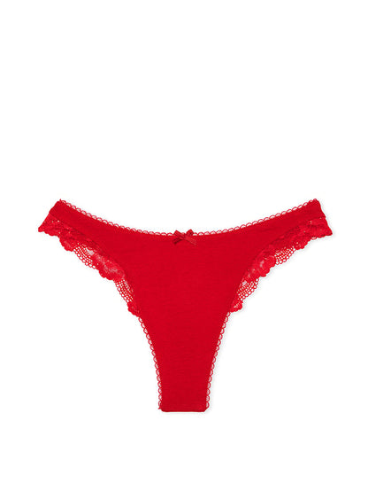 Stretch Cotton Lace-Trim High-Leg Scoop Thong Panty