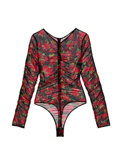 Rose Mesh Shirred Long-Sleeve Bodysuit