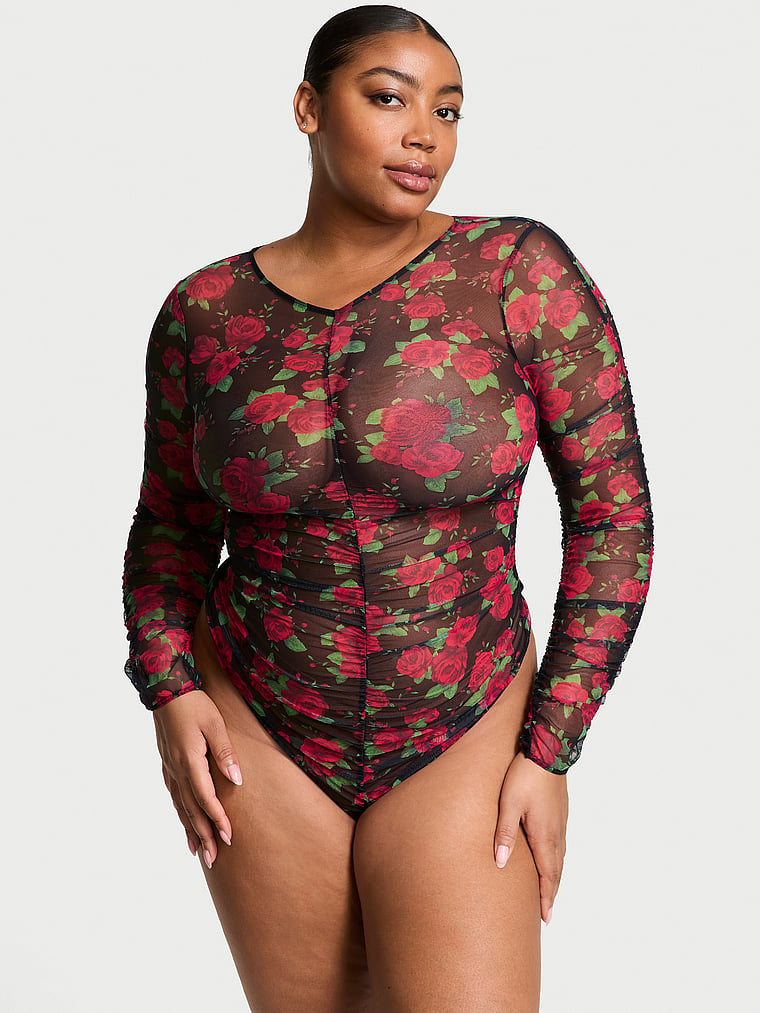 Rose Mesh Shirred Long-Sleeve Bodysuit