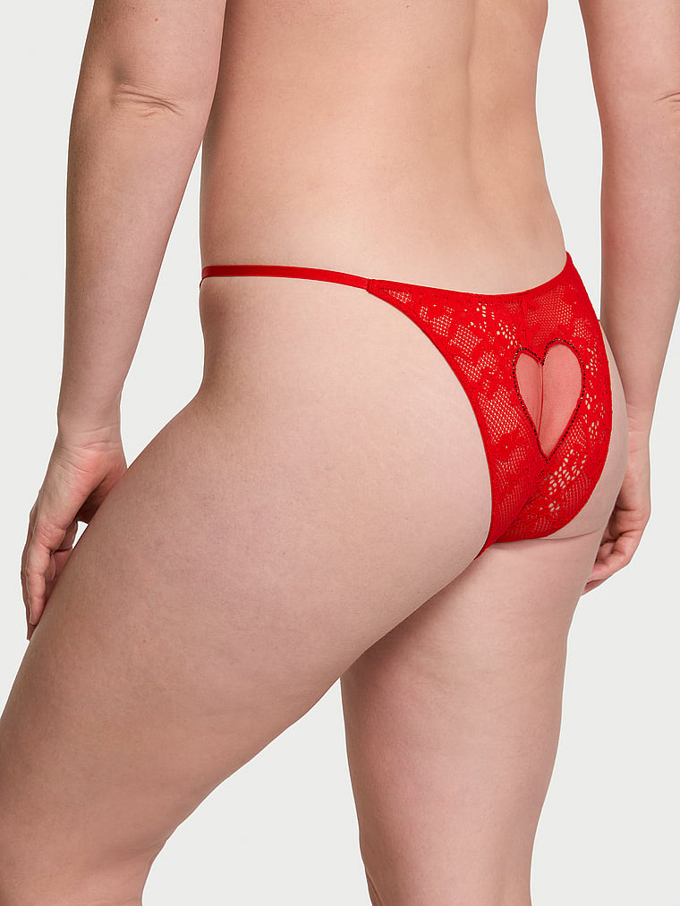 Lace Rhinestone Heart Hardware Brazilian Panty