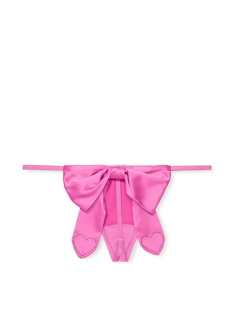 Satin Heart Rhinestone Bow Thong Panty