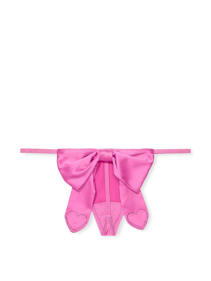 Satin Heart Rhinestone Bow Thong Panty