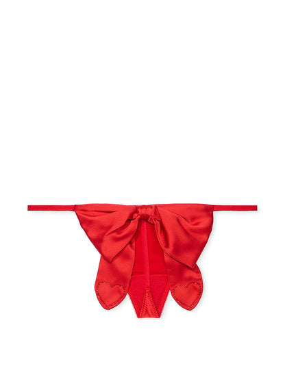 Satin Heart Rhinestone Bow Thong Panty