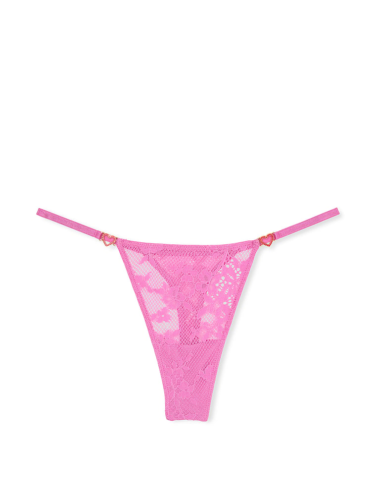 Lace Rhinestone Heart Hardware Thong Panty