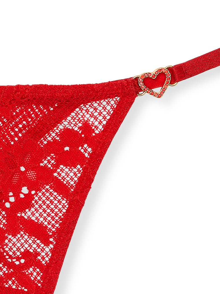 Lace Rhinestone Heart Hardware Thong Panty