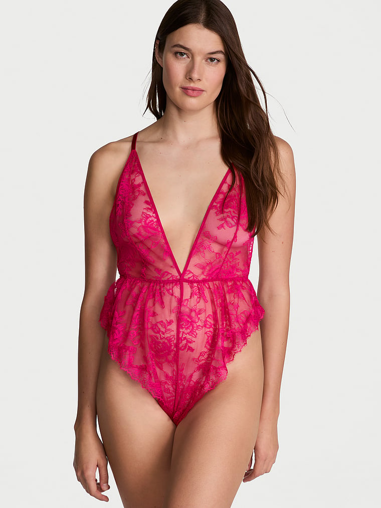 Rose Lace Plunge Flutter Romper